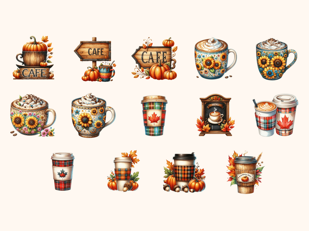 Autumn Coffee Shop Clipart All Bundles Clipart Line Art - WondersArtist