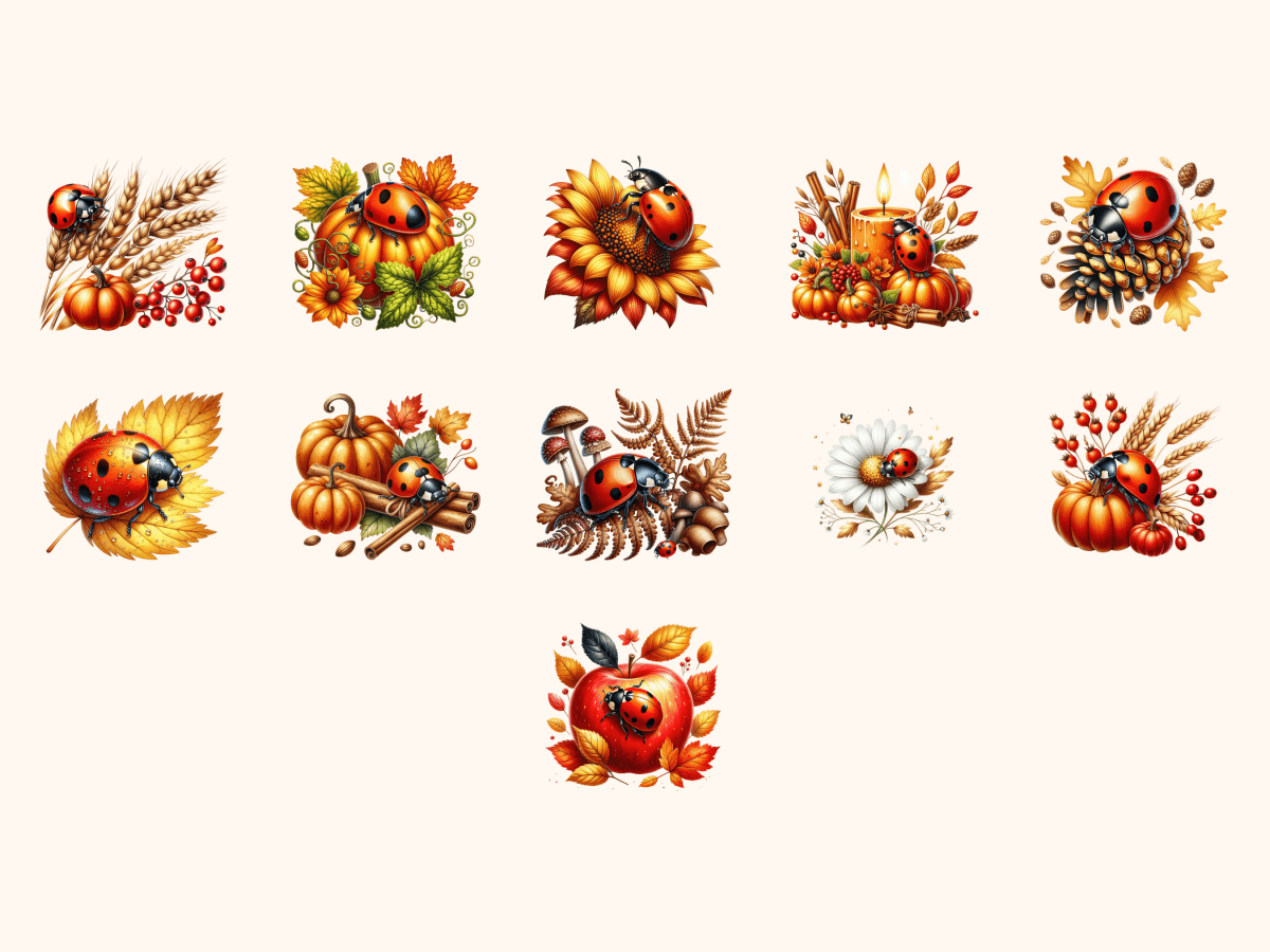 Autumn Ladybugs Clipart All Bundles Clipart Line Art - WondersArtist