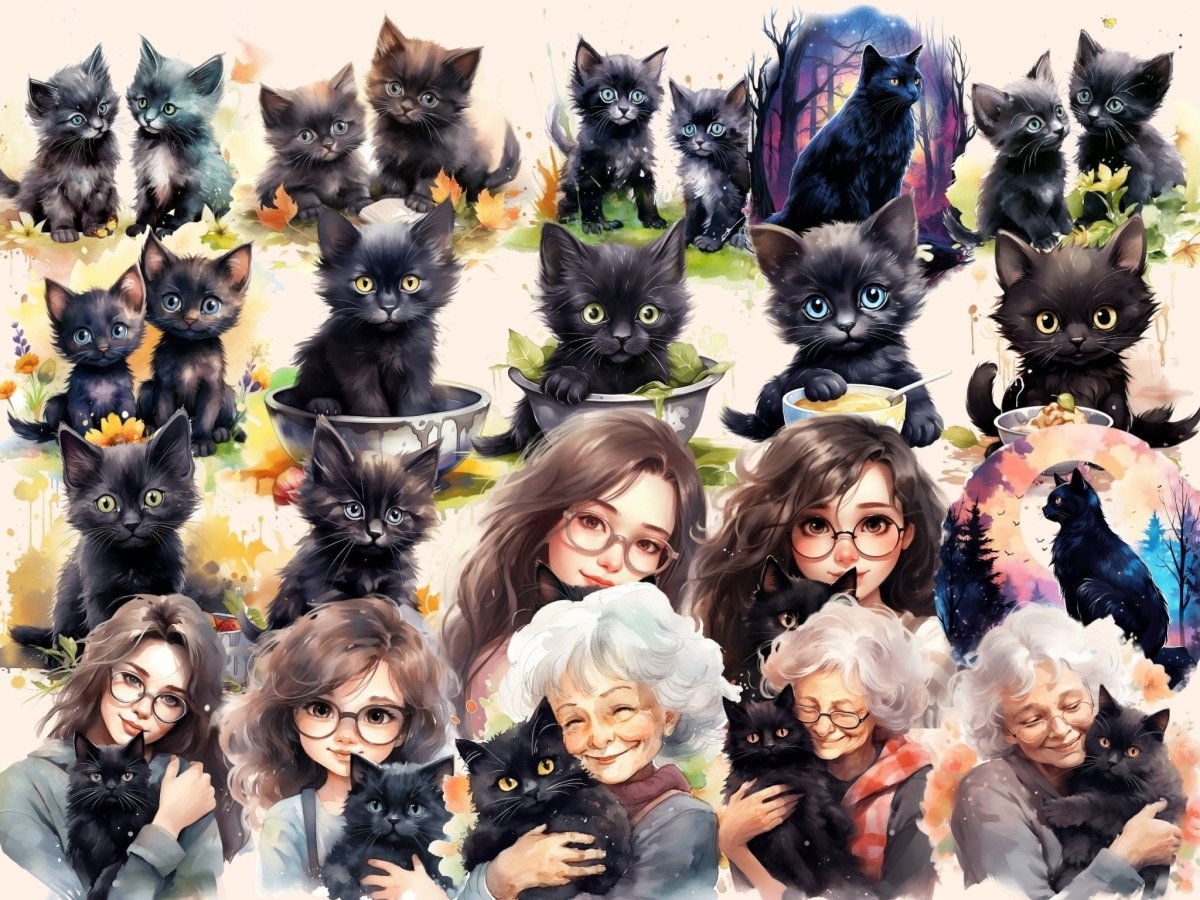 Black Cats Watercolor Clipart black animal clipart - Wonders Artist