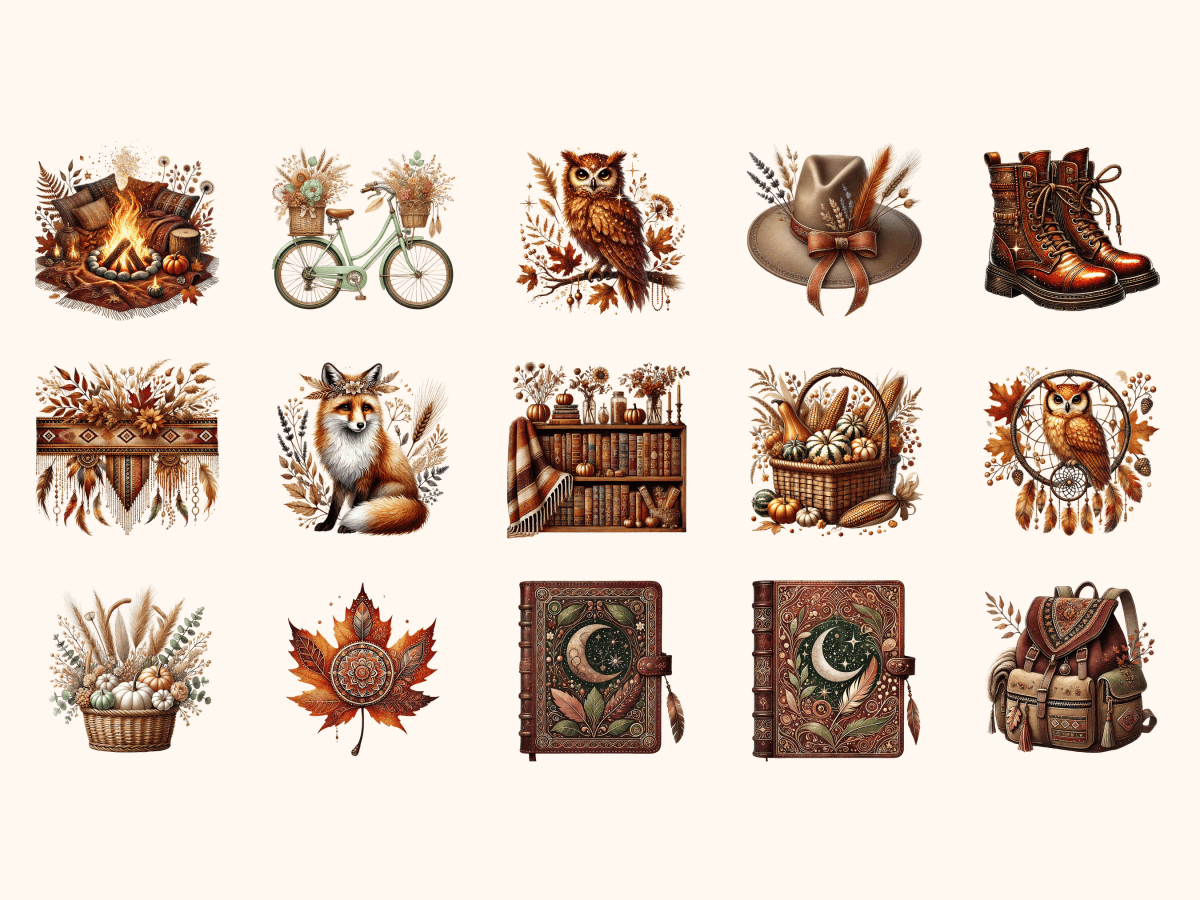 Boho Fall P2 Clipart All Bundles Clipart Line Art - WondersArtist