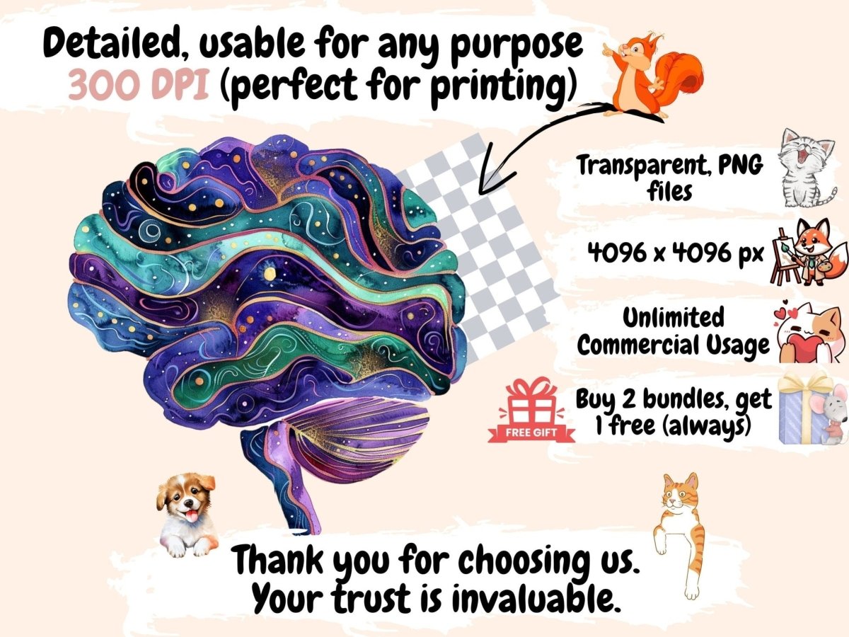Brains Watercolor Clipart - High - Quality Instant Digital Download for Creative Projects
