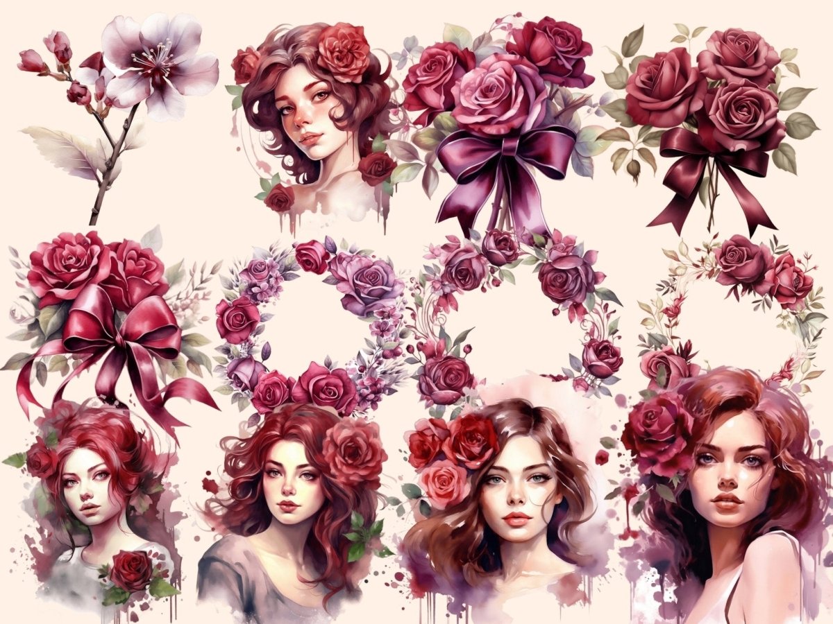 Burgundy Roses Watercolor Clipart boho rose clipart - Wonders Artist