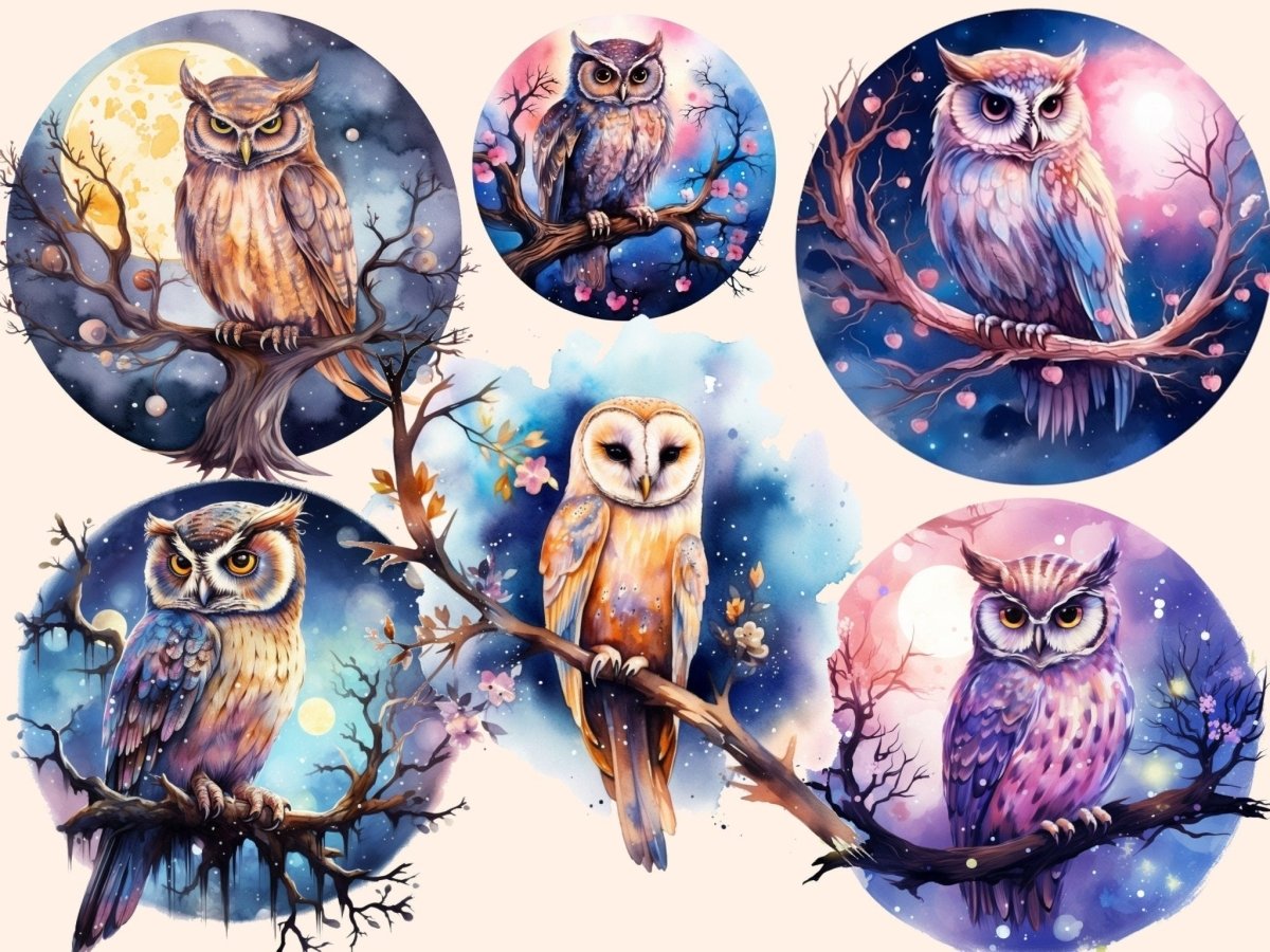 Celestial Owls Watercolor Clipart astrology clipart - Wonders Artist