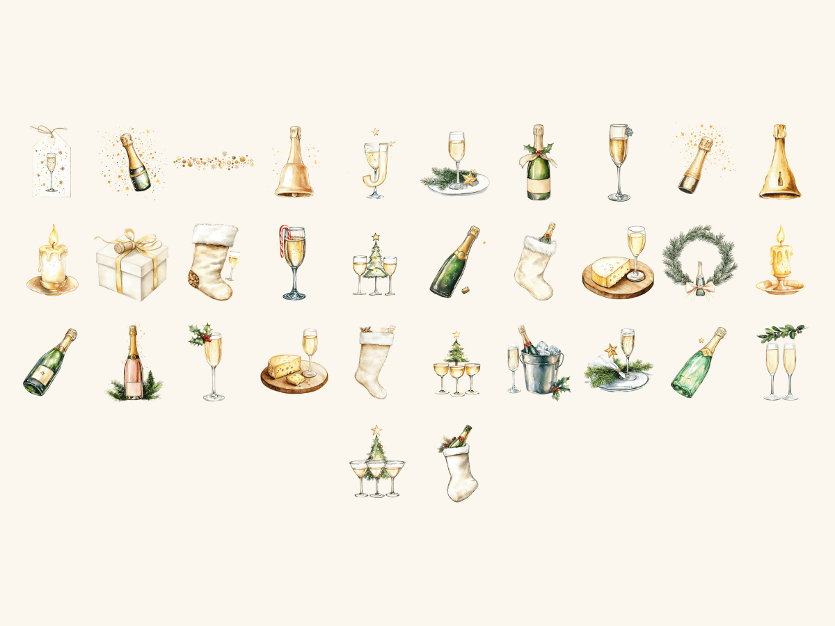 Champagne Christmas Watercolor Clipart All Bundles Clipart Line Art - WondersArtist