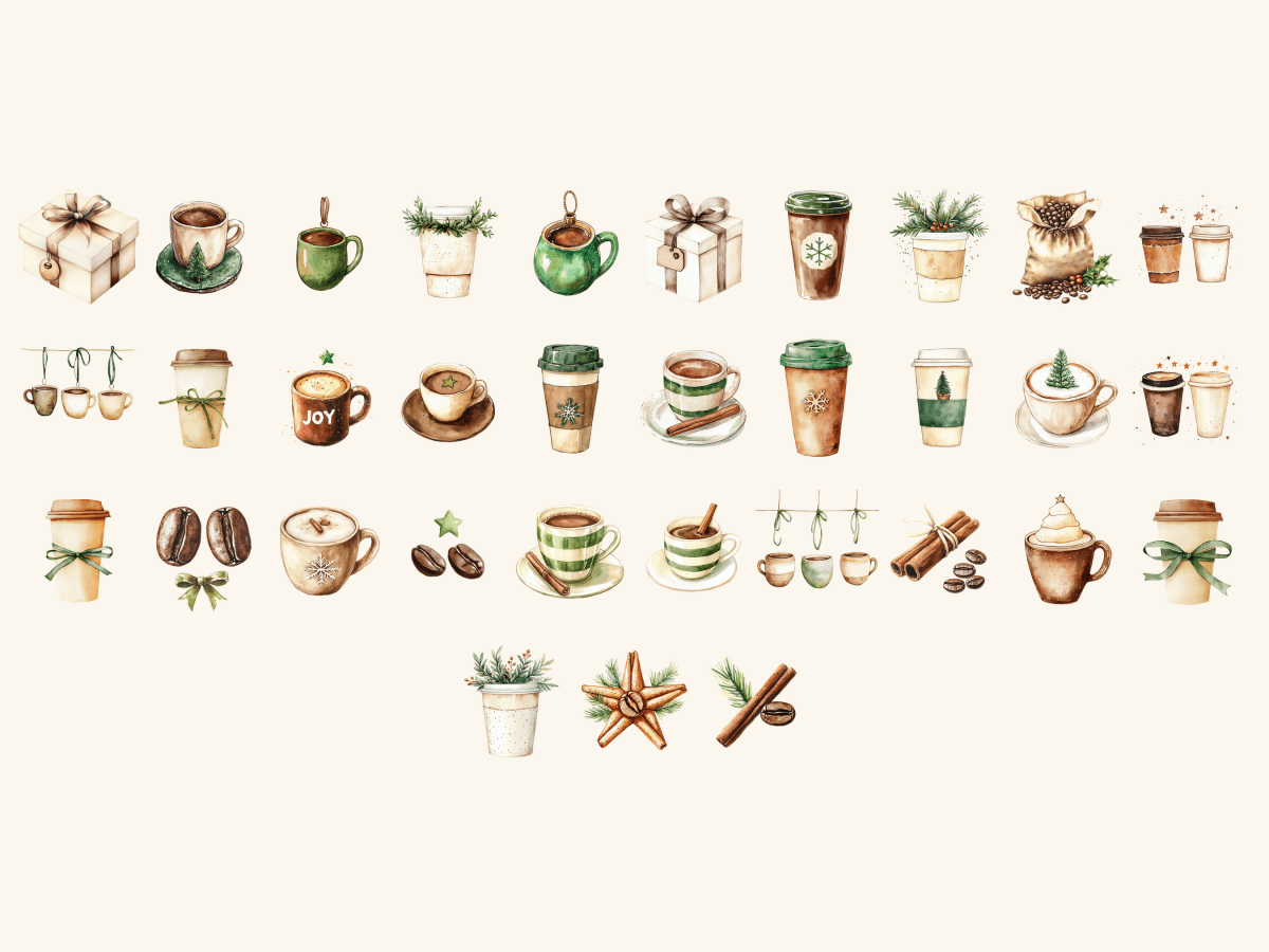 Coffee Christmas Watercolor Clipart All Bundles Clipart Line Art - WondersArtist