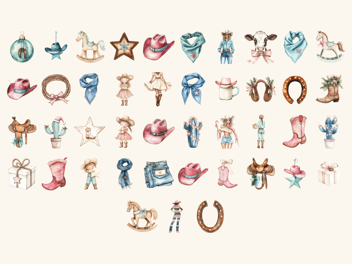 Cowgirl Christmas Watercolor Clipart All Bundles Clipart Line Art - WondersArtist