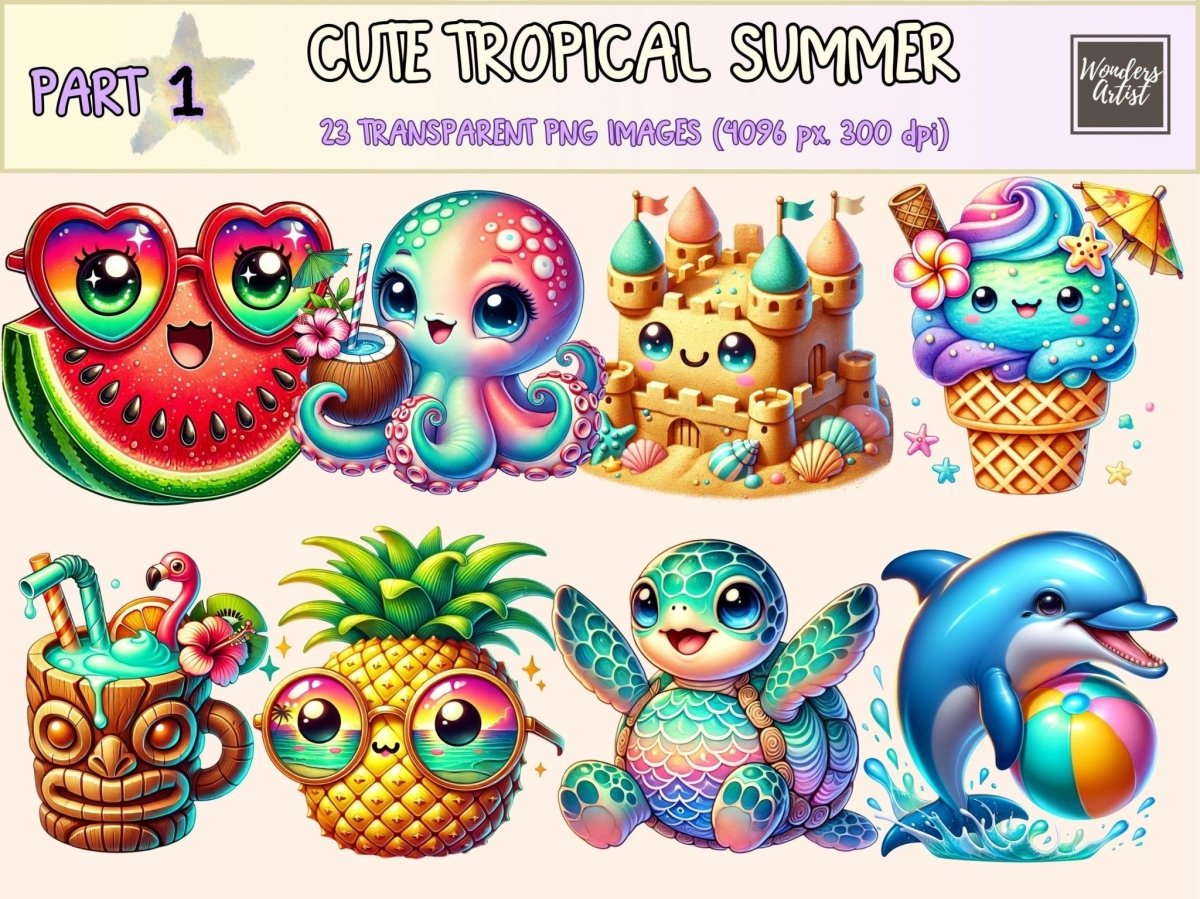 Cute Tropical Summer (P1) Clipart - 23 PNG Fun Beach Graphics, Adorable