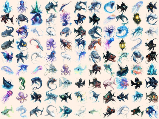 Clipart di pesci di mare profondo ad acquerello