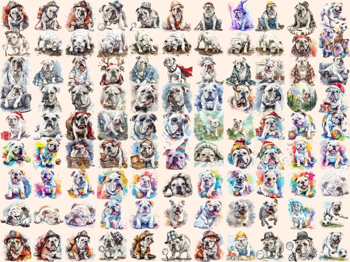 English Bulldogs Watercolor Clipart Adorable Bulldogs - Wonders Artist
