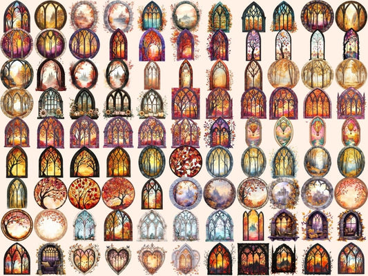 Jesienne gotyckie okna akwarelowe clipart