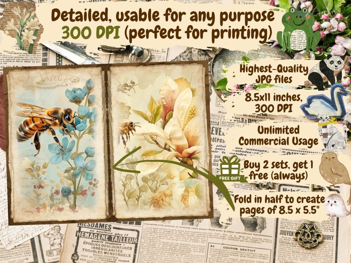 Floral Honeybees Journal Pages (P2) Bee Collage Set - Wonders Artist
