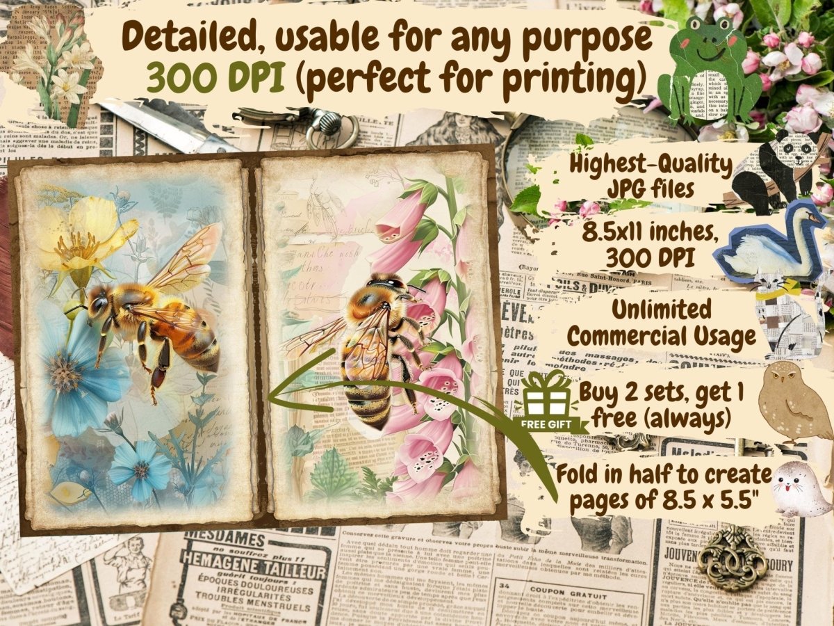 Floral Honeybees Journal Pages (P4) Bee Collage Set - Wonders Artist