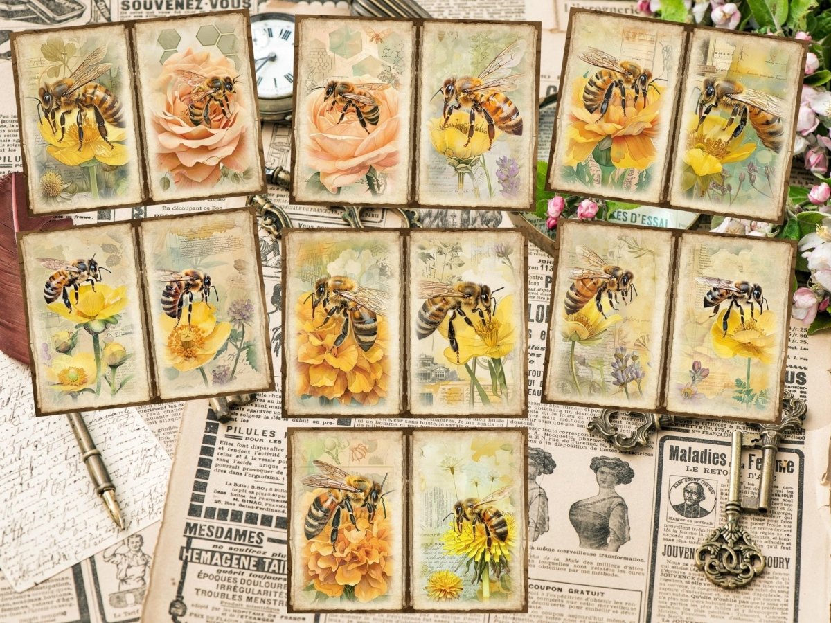 Floral Honeybees Journal Pages (P4) Bee Collage Set - Wonders Artist