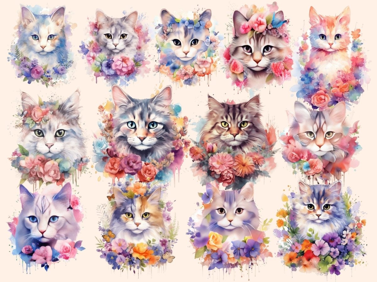 Flower Cats Watercolor Clipart botanical clipart - Wonders Artist