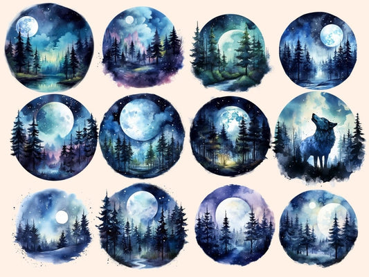Forest Moons acuarela clipart