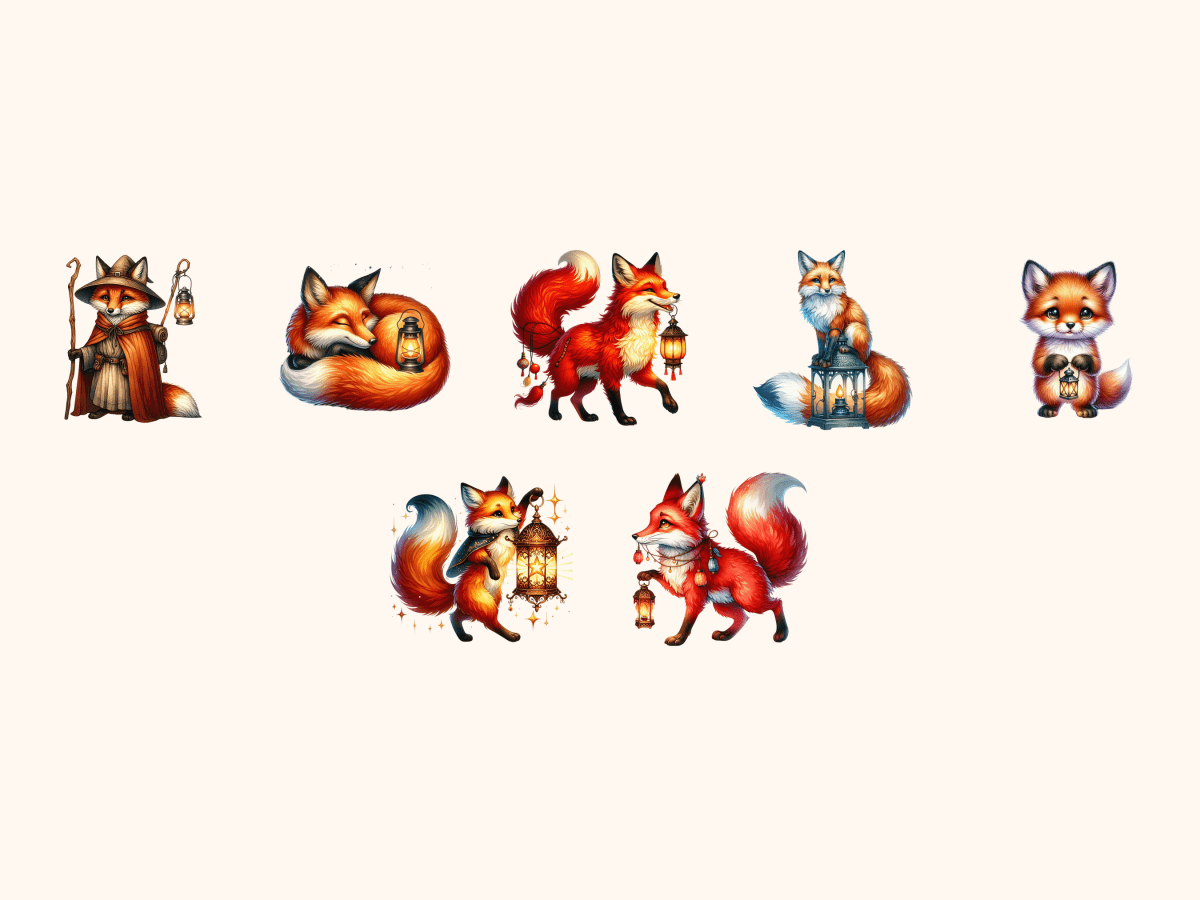 Fox & Lantern Clipart All Bundles Clipart Line Art - WondersArtist