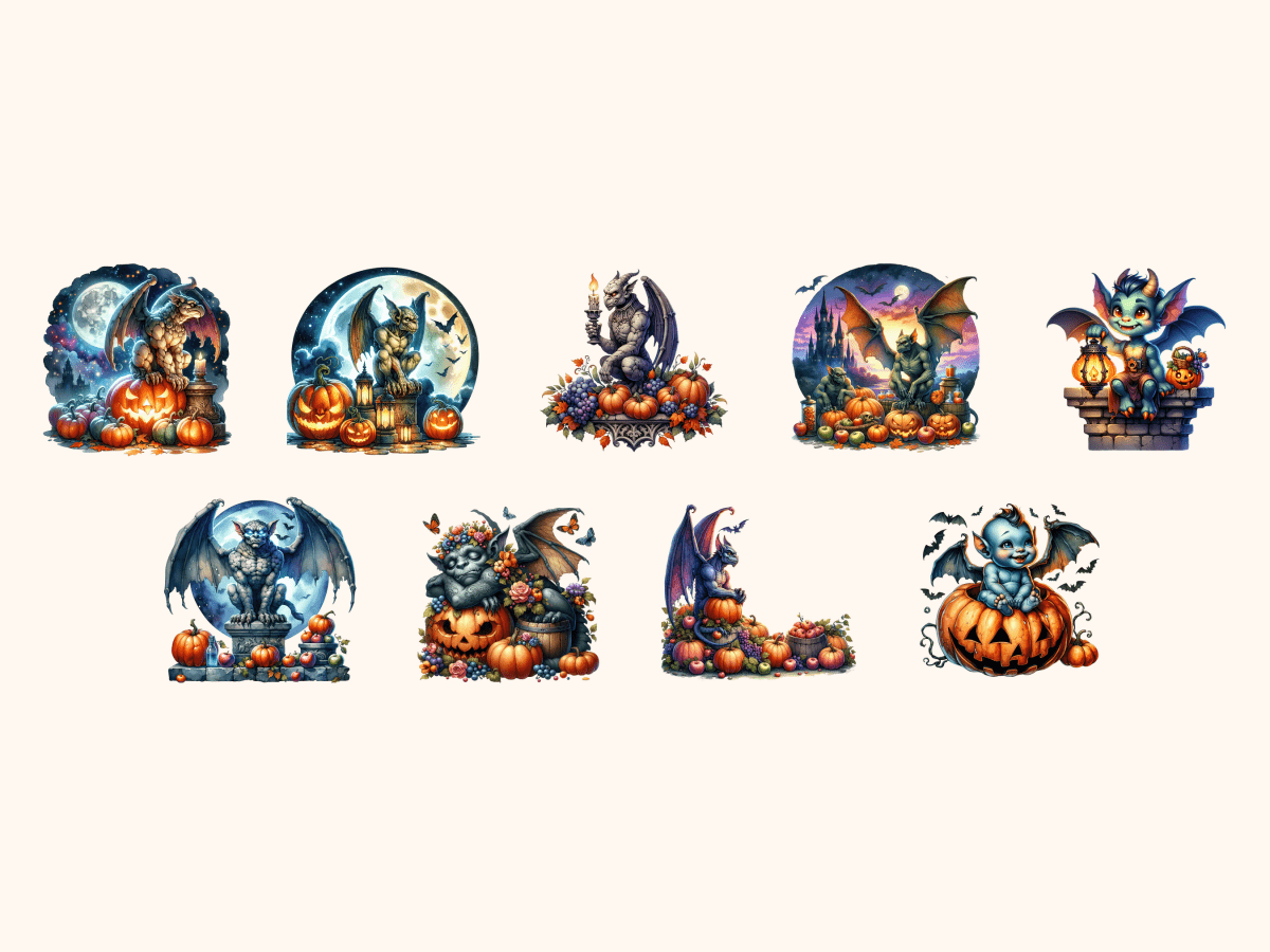 Gargoyles & Pumpkins Clipart All Bundles Clipart Line Art - WondersArtist