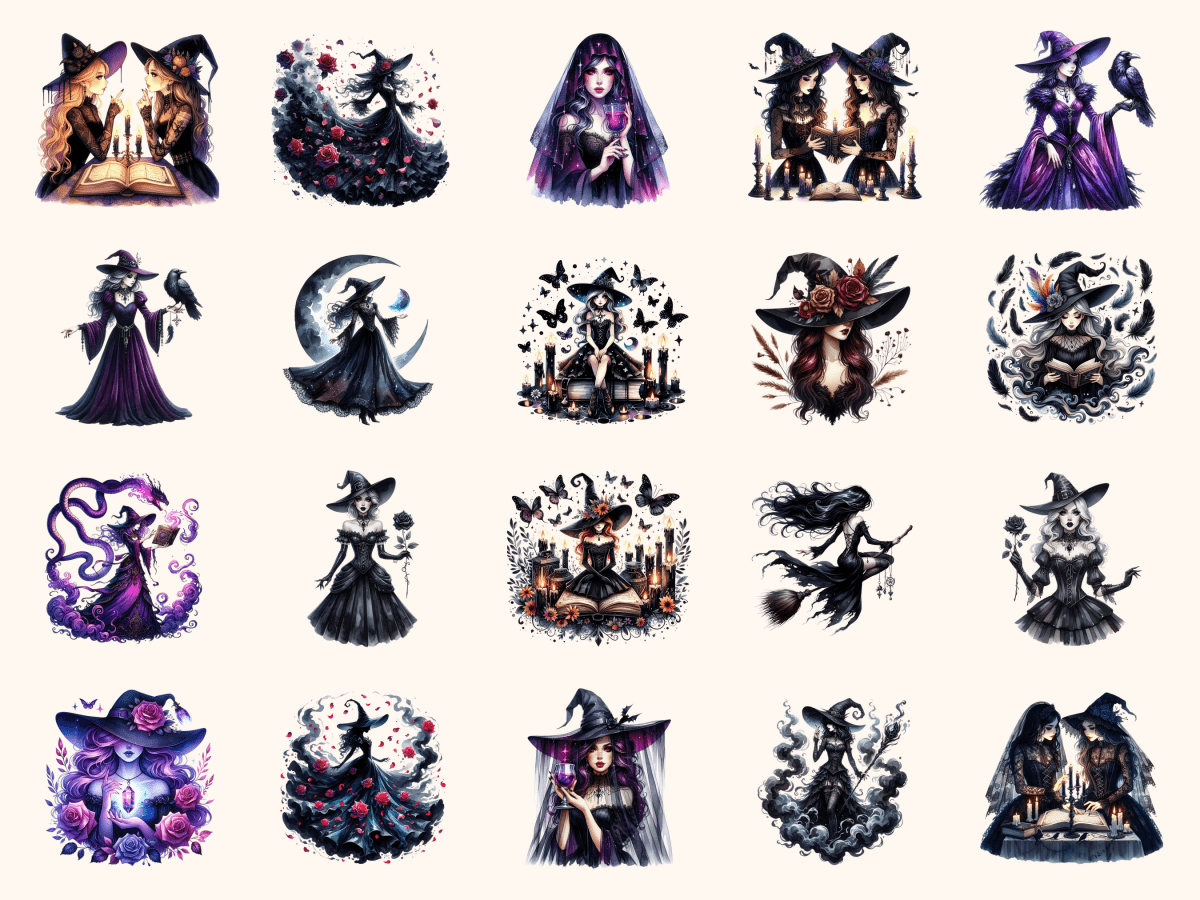 Gothcore Witches Clipart All Bundles Clipart Line Art - WondersArtist