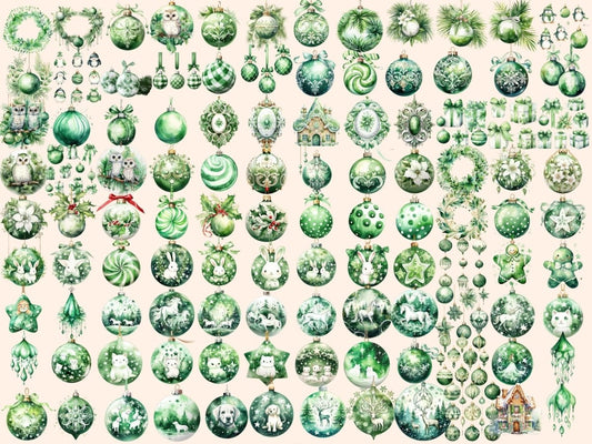 Vihreät ja valkoiset joulukoristeet akvarellikuvitus