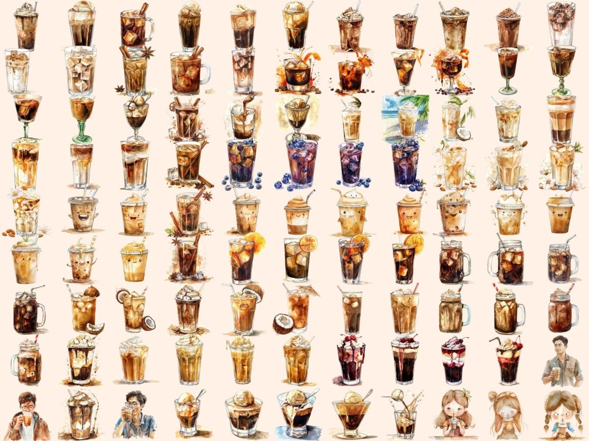 Iced Coffee Watercolor Clipart - High - Quality Instant Digital Download for Creative Projects