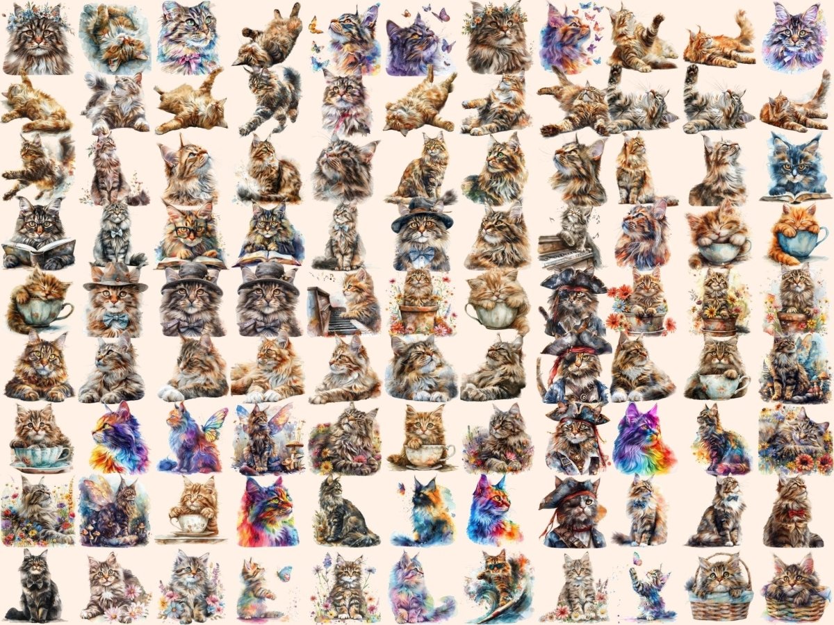 Maine Coons Watercolor Clipart Adorable Maine Coon - Wonders Artist
