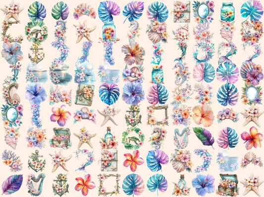 美人鱼花卉水彩剪贴画