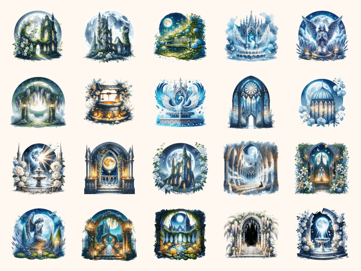 Moonlit Abbey Gardens Clipart All Bundles Clipart Line Art - WondersArtist