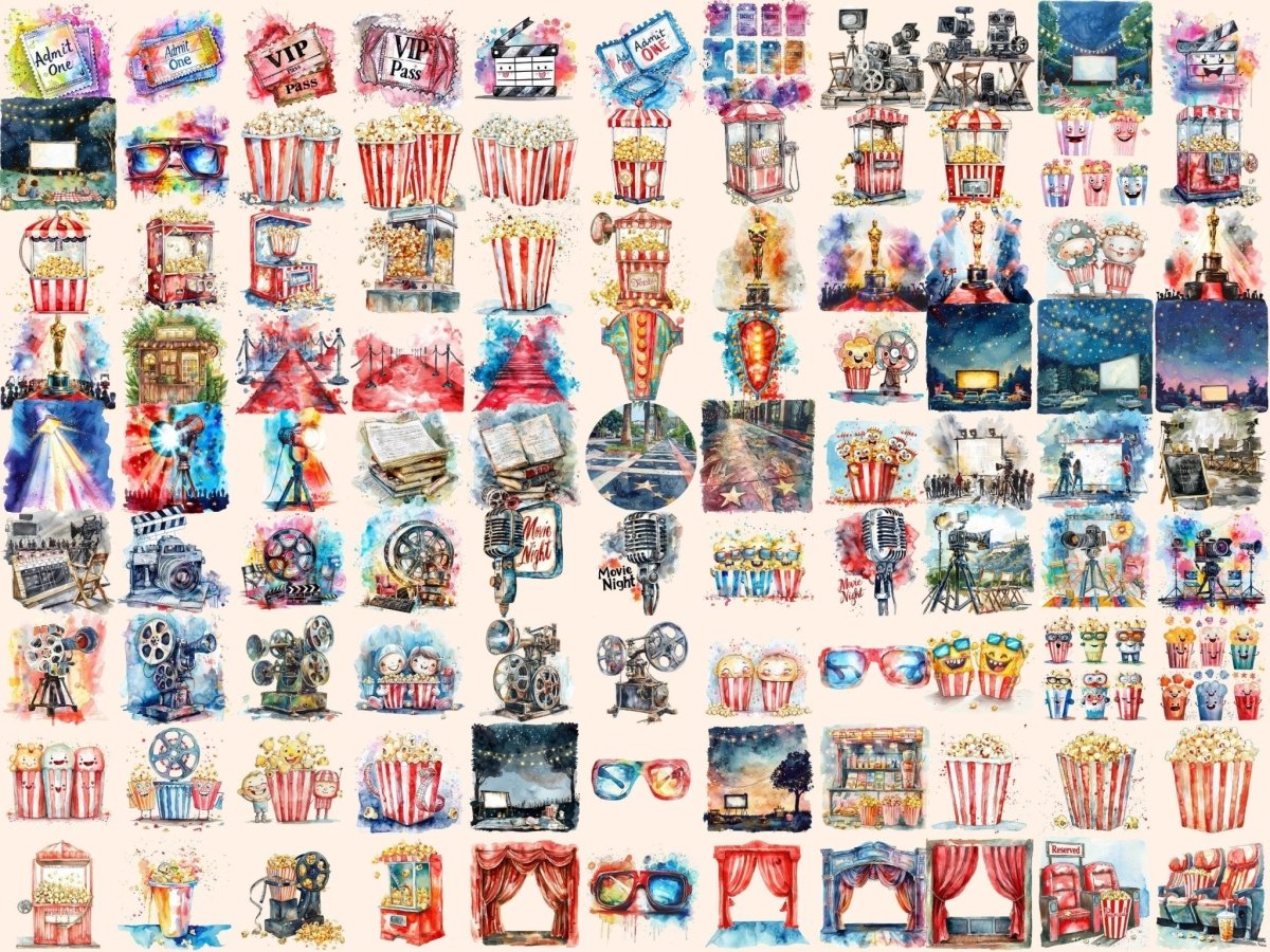 Movie Time Watercolor Clipart Cinema Graphics - Wonders Artist