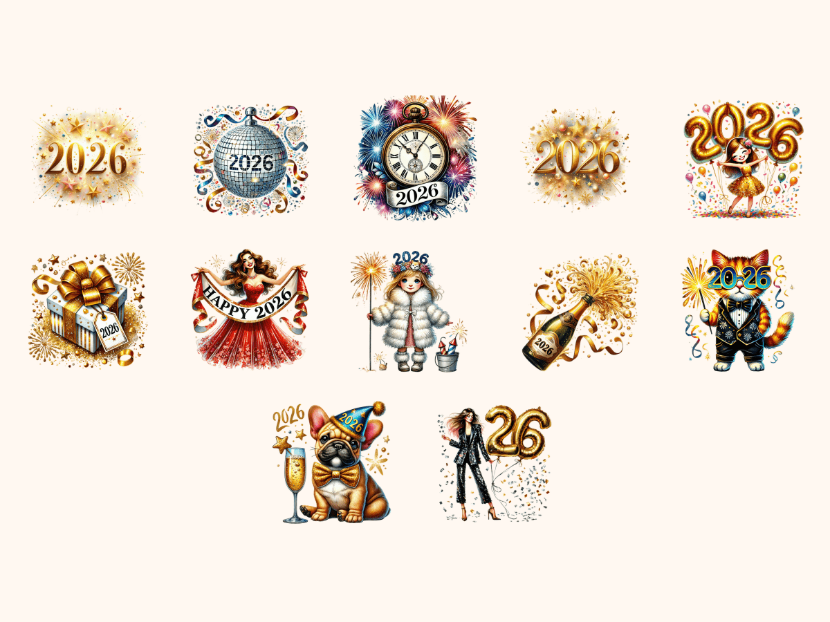 New Years Day 2026 Clipart All Bundles Clipart Line Art - WondersArtist
