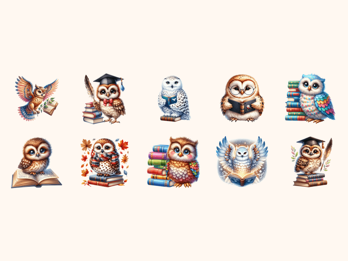 Owls & Books Clipart All Bundles Clipart Line Art - WondersArtist