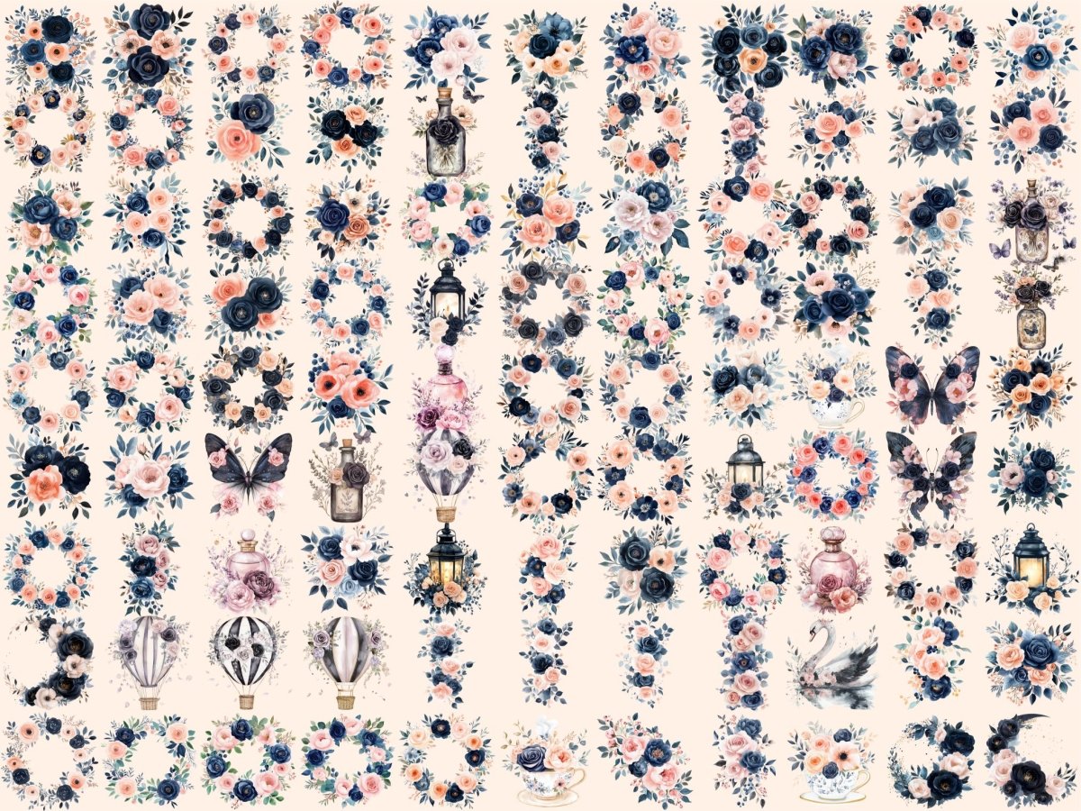 Pink & Black Florals Watercolor Clipart black floral png - Wonders Artist