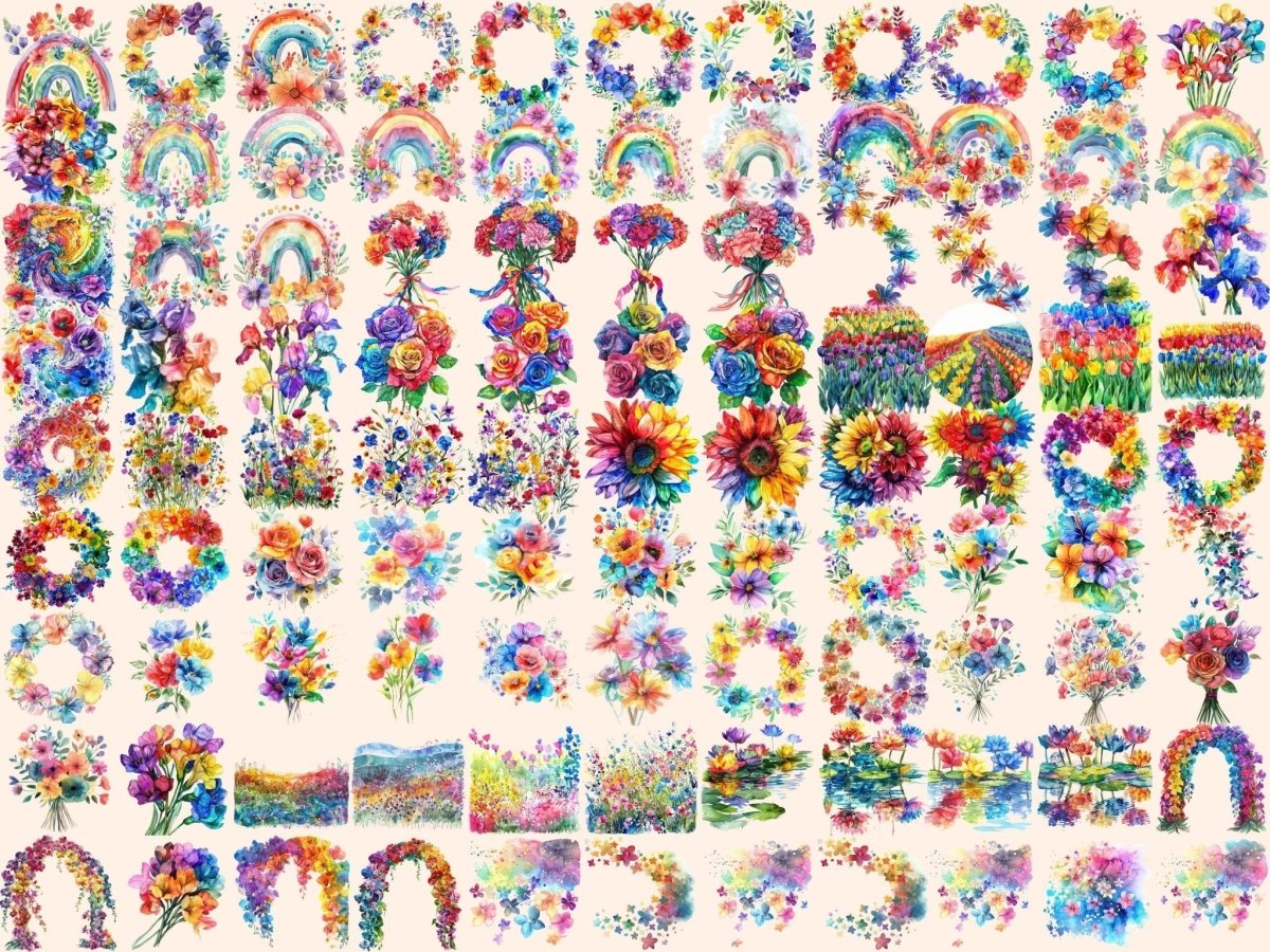 Rainbow Flowers Watercolor Clipart - High - Quality Instant Digital Download for Creative Projects