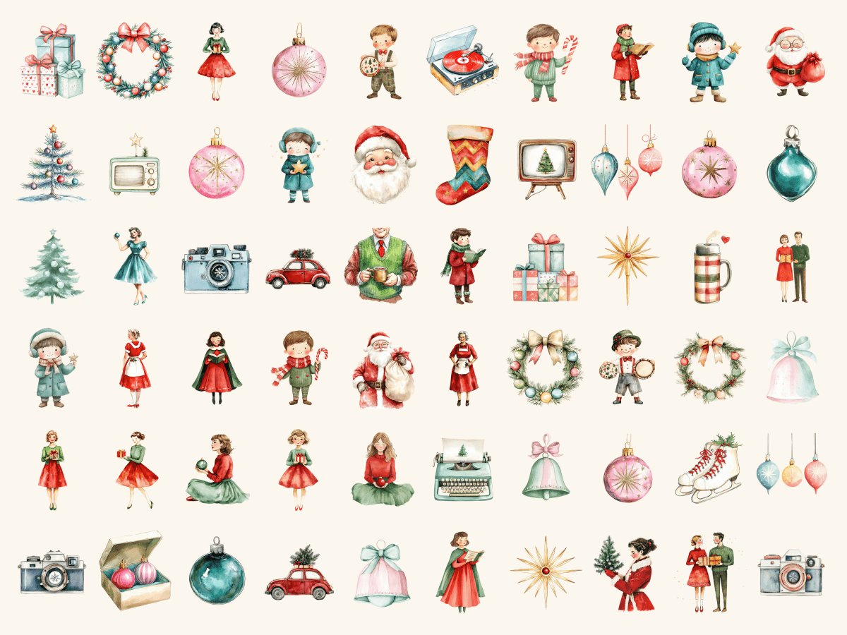Retro Christmas Watercolor Clipart All Bundles Clipart Line Art - WondersArtist