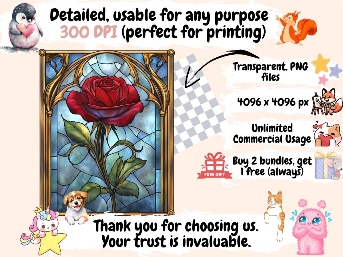 Rose Stained Glass Windows Watercolor Clipart floral stained glass - Wonders Artist