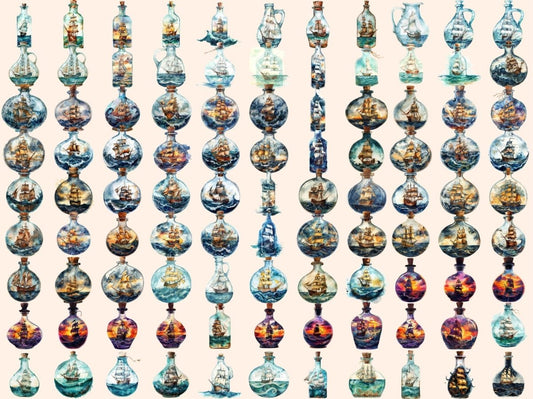 Ships in a Bottle Watercolor Clipart