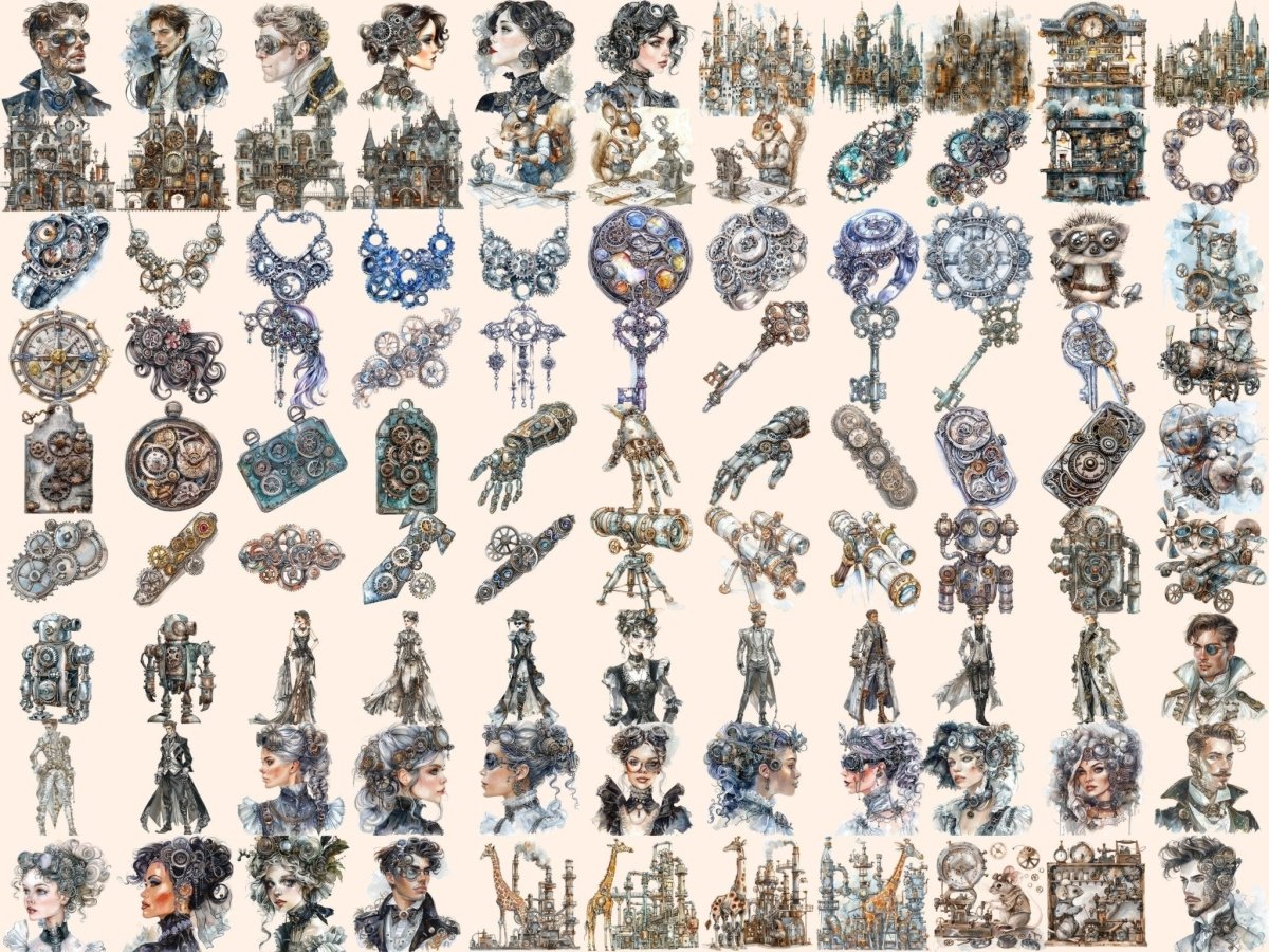Silver Steampunk Watercolor Clipart shiny clipart - Wonders Artist