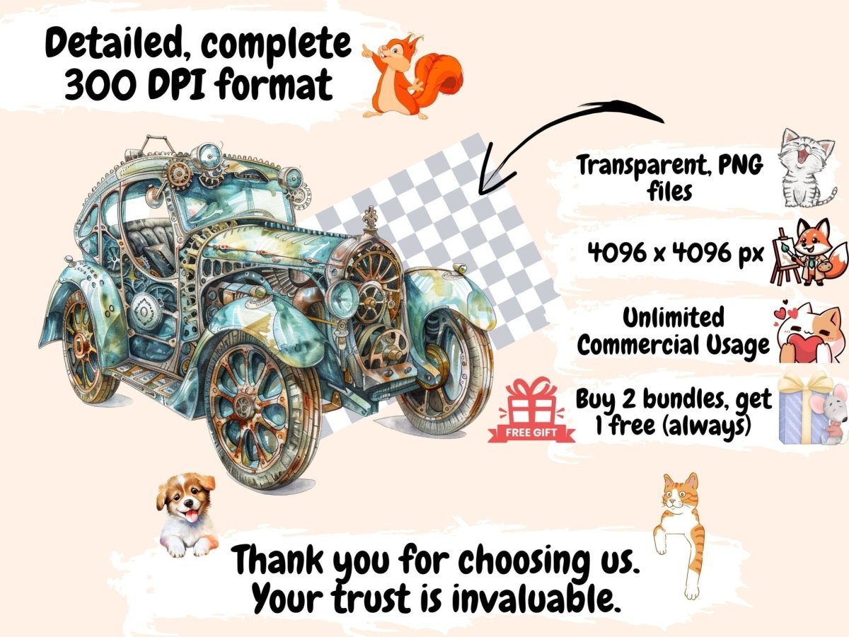 Steampunk Cars Watercolor Clipart antique car clipart - Wonders Artist