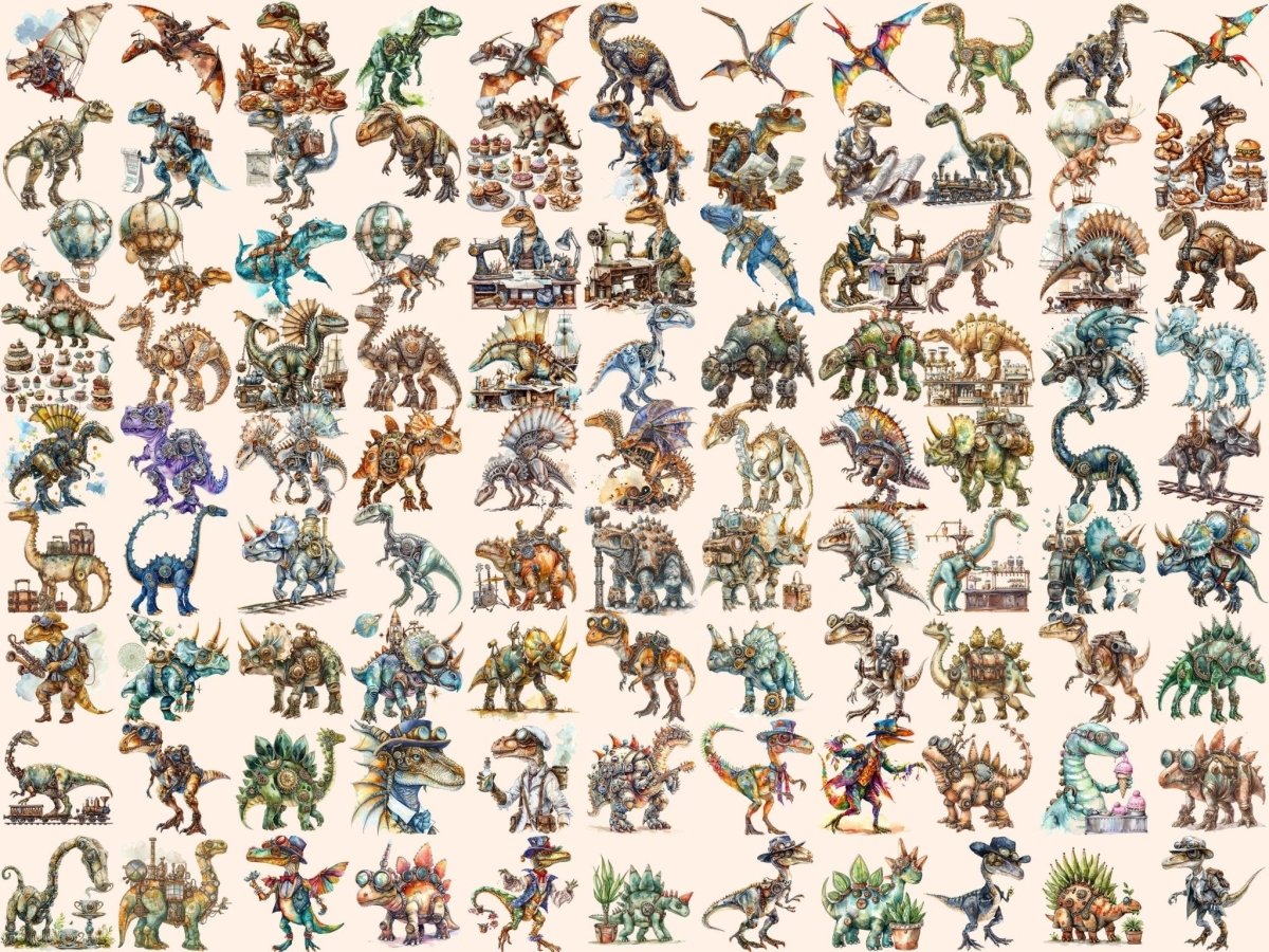 Steampunk Dinosaurs Watercolor Clipart dino clipart - Wonders Artist