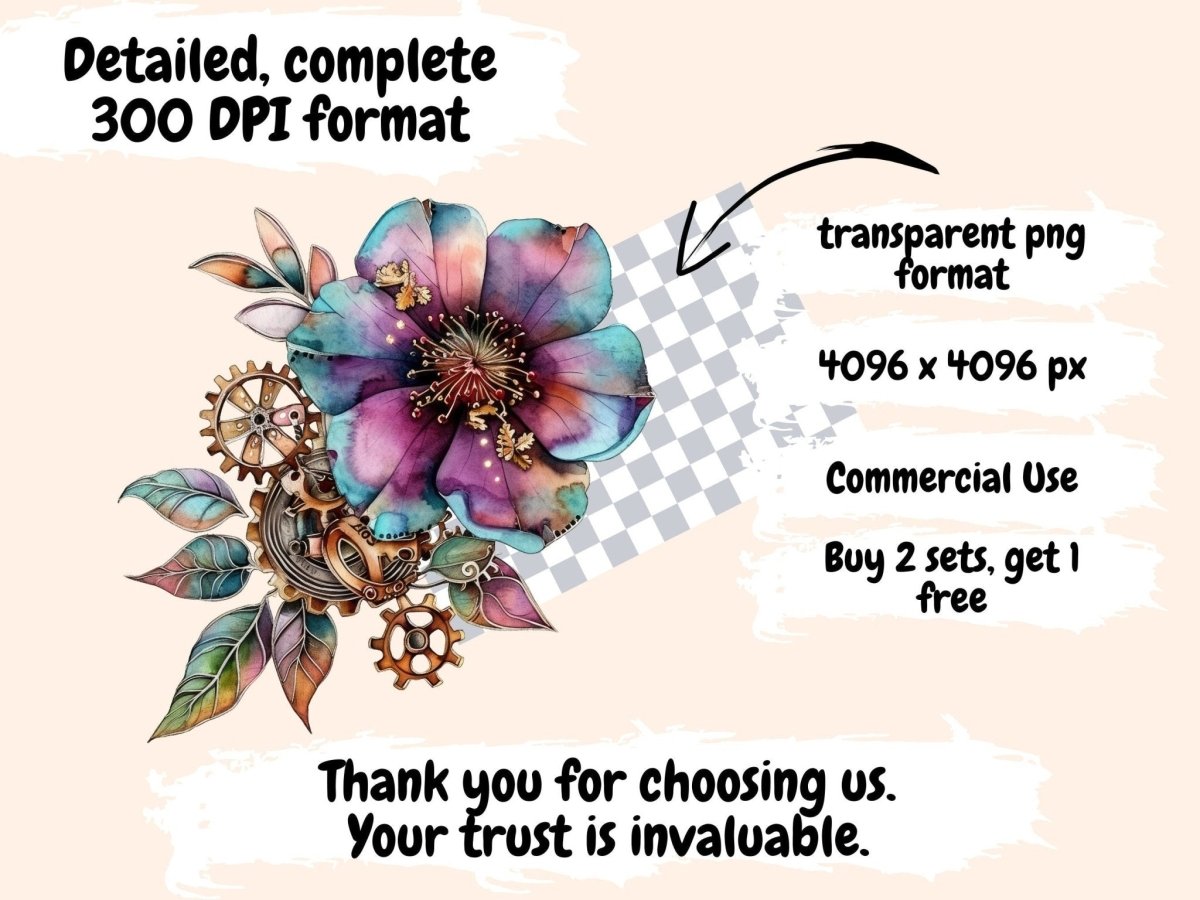 Steampunk Flowers Watercolor Clipart metal flowers png - Wonders Artist