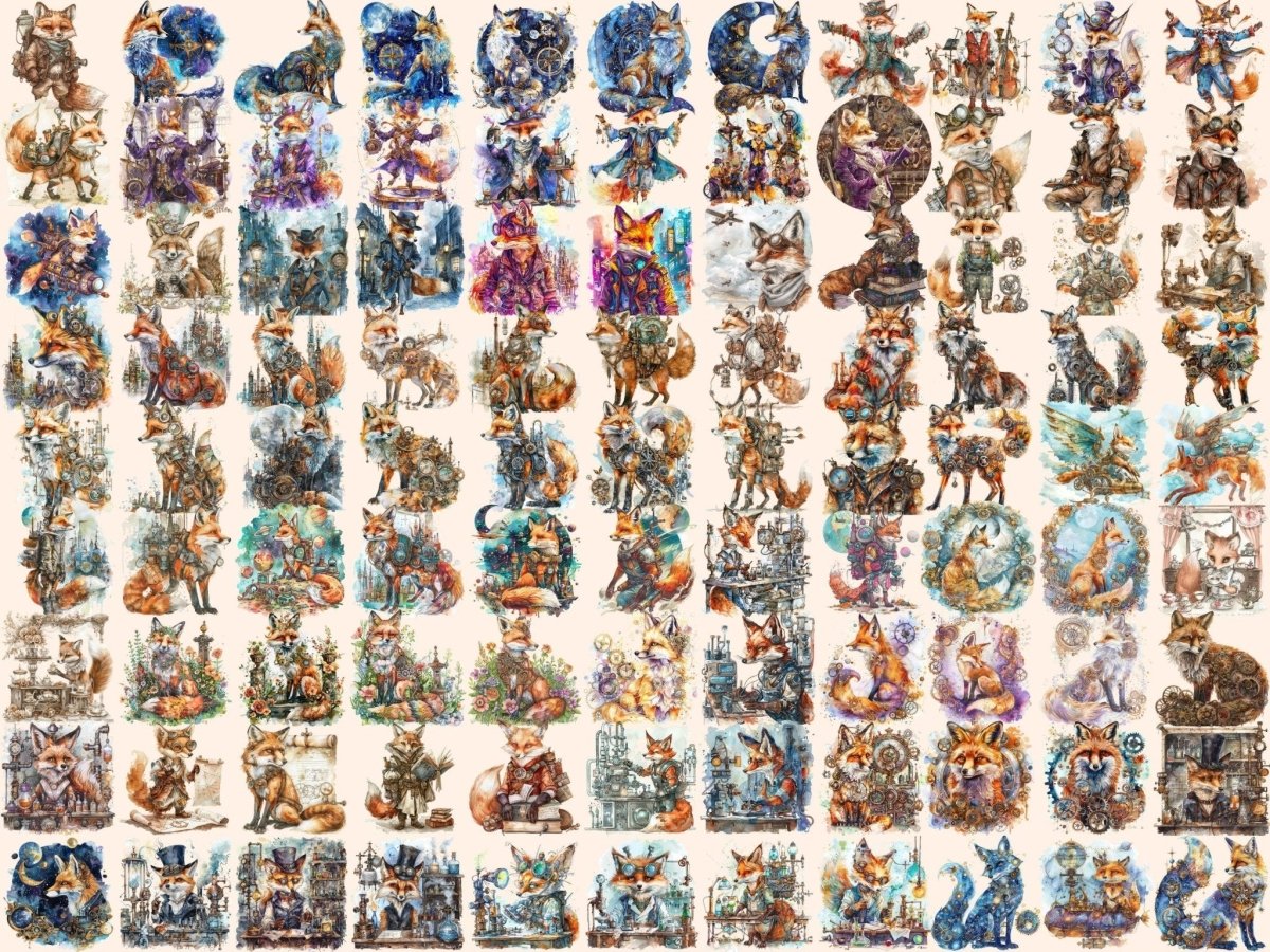 Steampunk Foxes Watercolor Clipart cyborg fox clipart - Wonders Artist