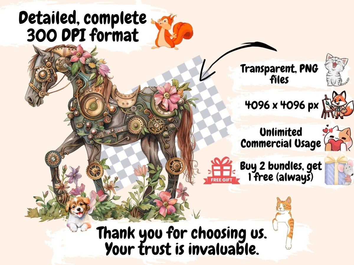 Steampunk Horses Watercolor Clipart cyberpunk horse png - Wonders Artist