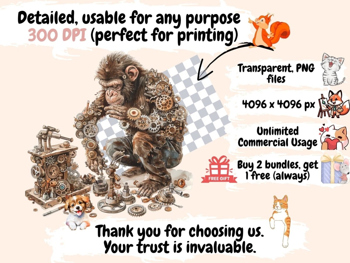 Steampunk Monkeys Watercolor Clipart ape clipart - Wonders Artist