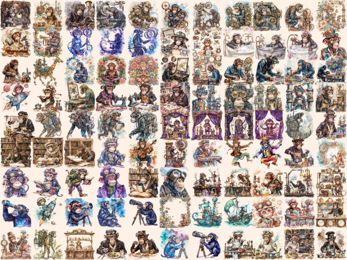 Steampunk Monkeys Watercolor Clipart ape clipart - Wonders Artist