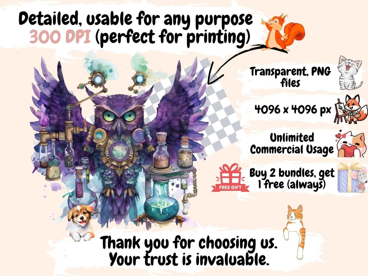 Steampunk Owls Watercolor Clipart - High - Quality Instant Digital Download for Creative Projects