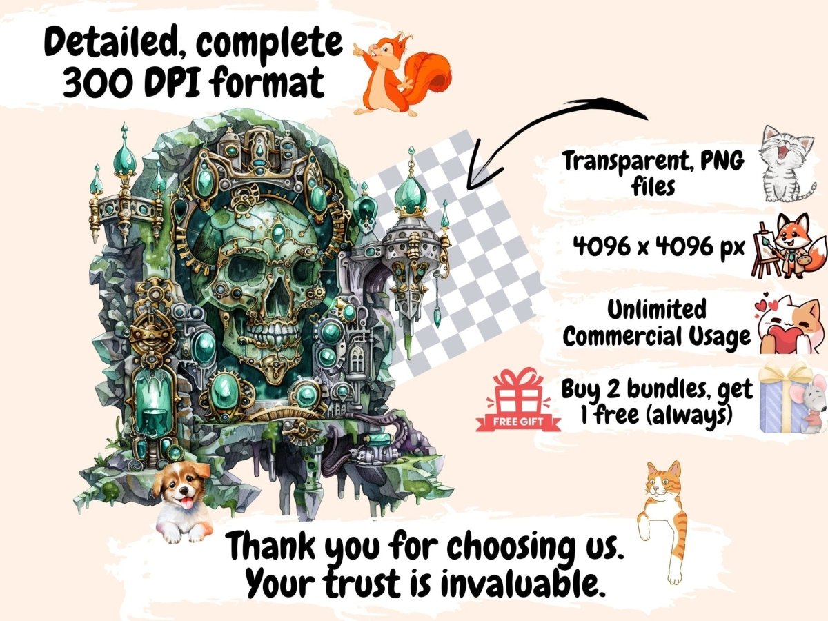 Steampunk Skulls Watercolor Clipart cyborg clipart - Wonders Artist