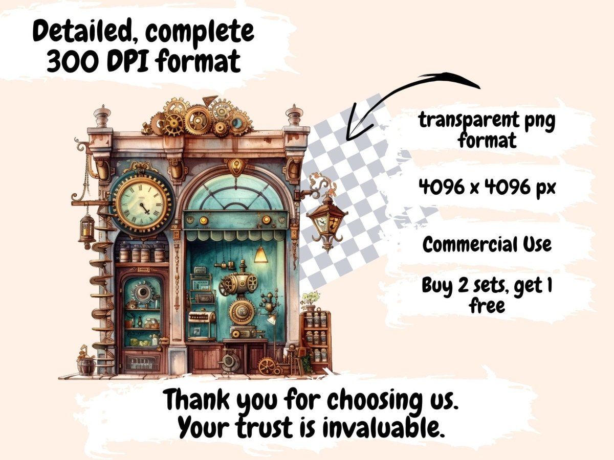 Steampunk Storefronts Watercolor Clipart gadget shop clipart - Wonders Artist