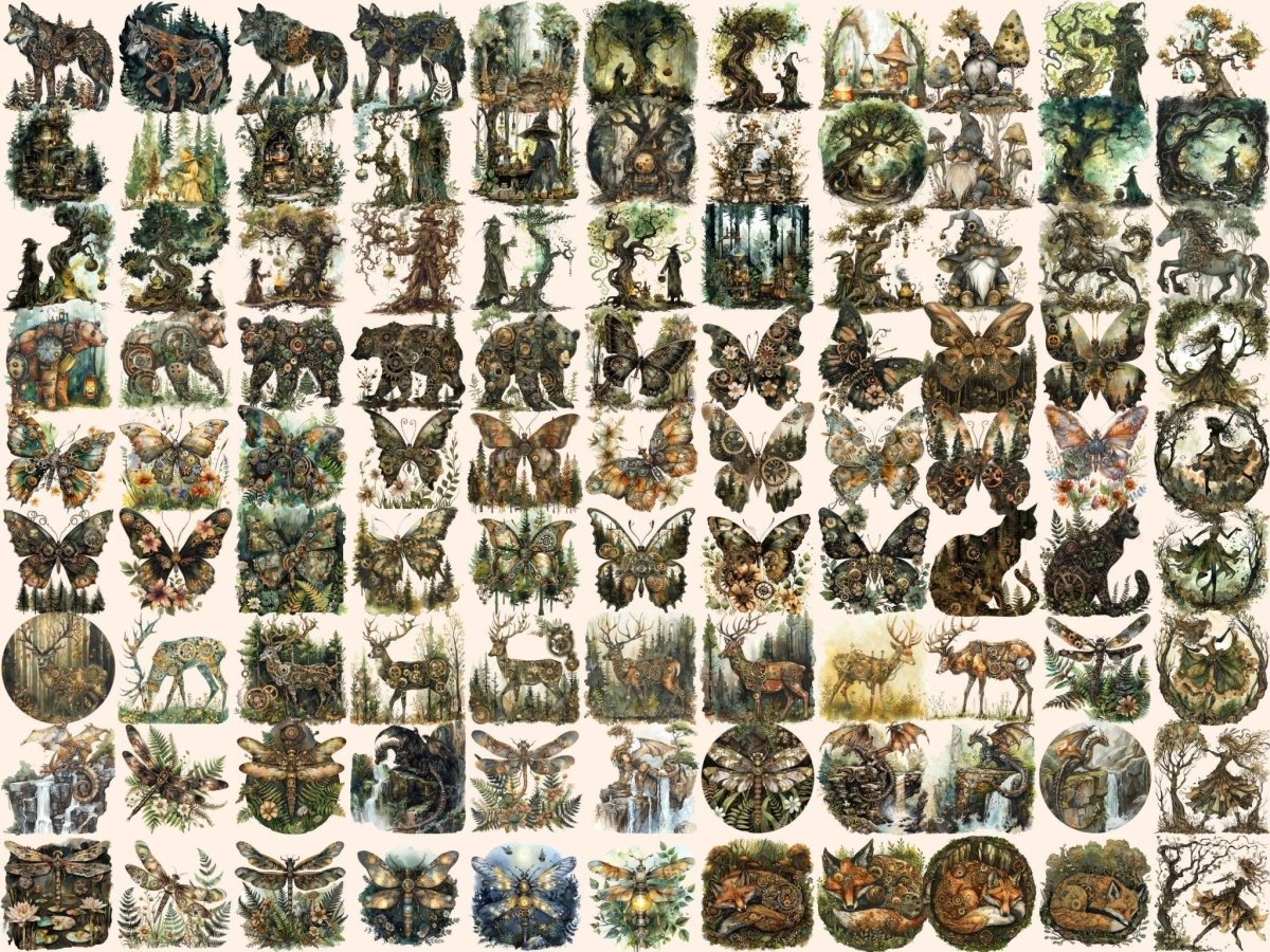 Steampunk Woodland Watercolor Clipart enchanted forest - Wonders Artist