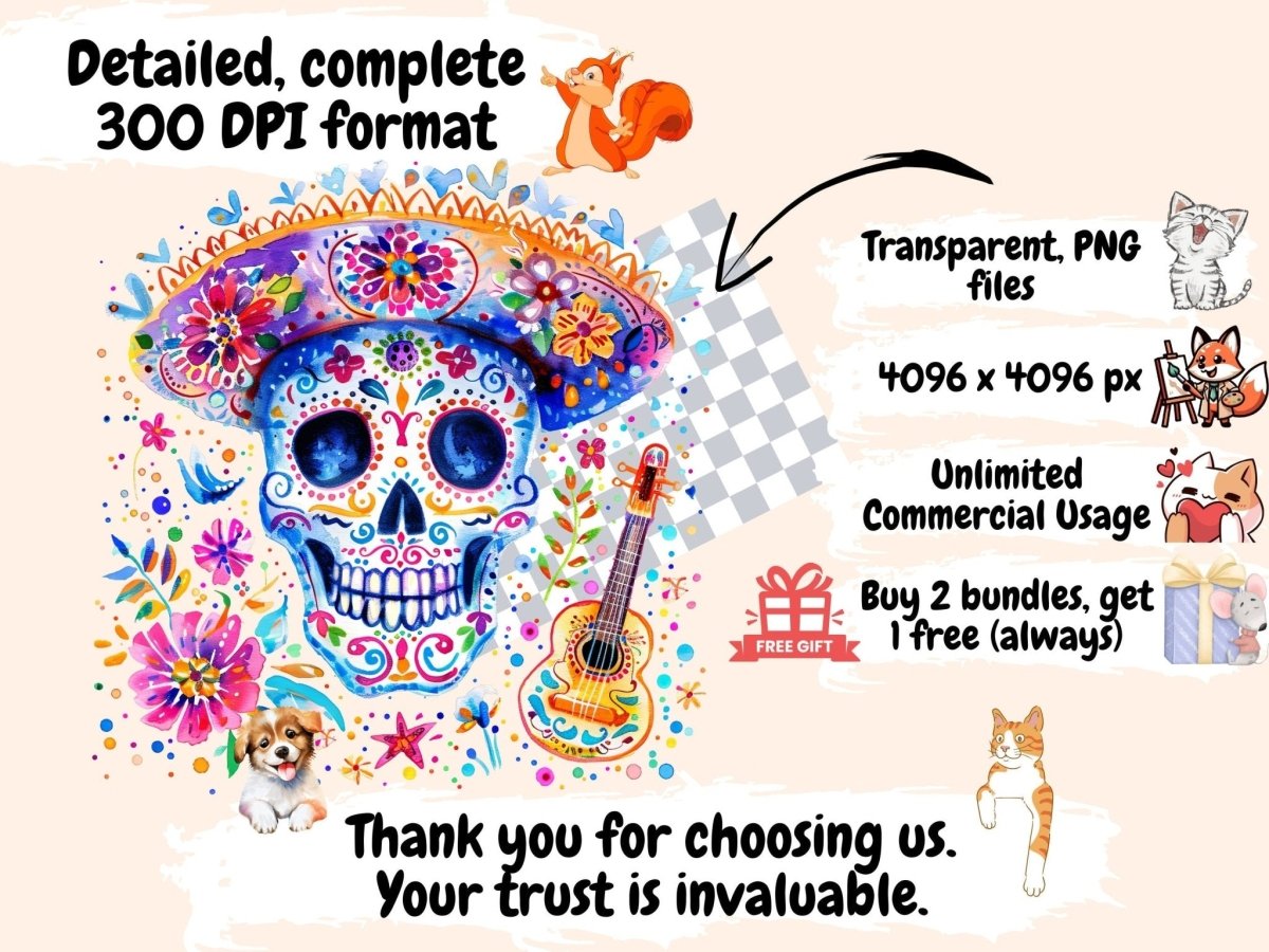 Sugar Skulls Watercolor Clipart candy skull clipart - Wonders Artist