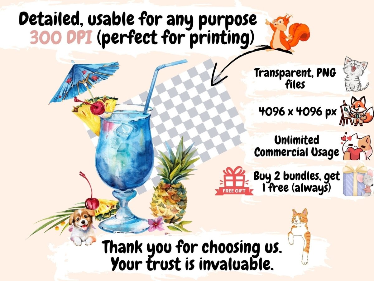 Summer Cocktails Watercolor Clipart Beach Cocktails - Wonders Artist