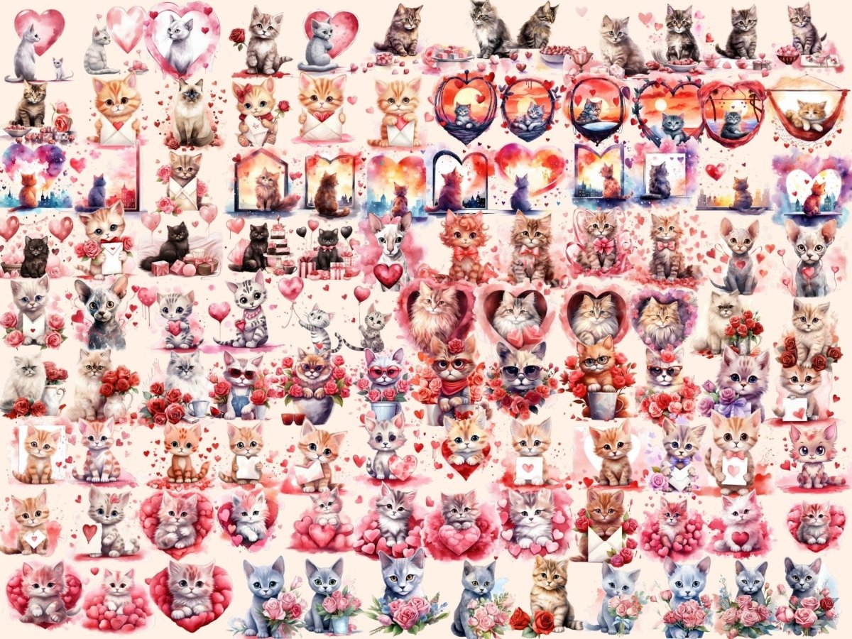 Valentine's Day Cats Watercolor Clipart cat valentines - Wonders Artist